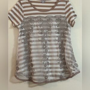 Koret Petite Lace Overlay Striped Tee - Brown and White